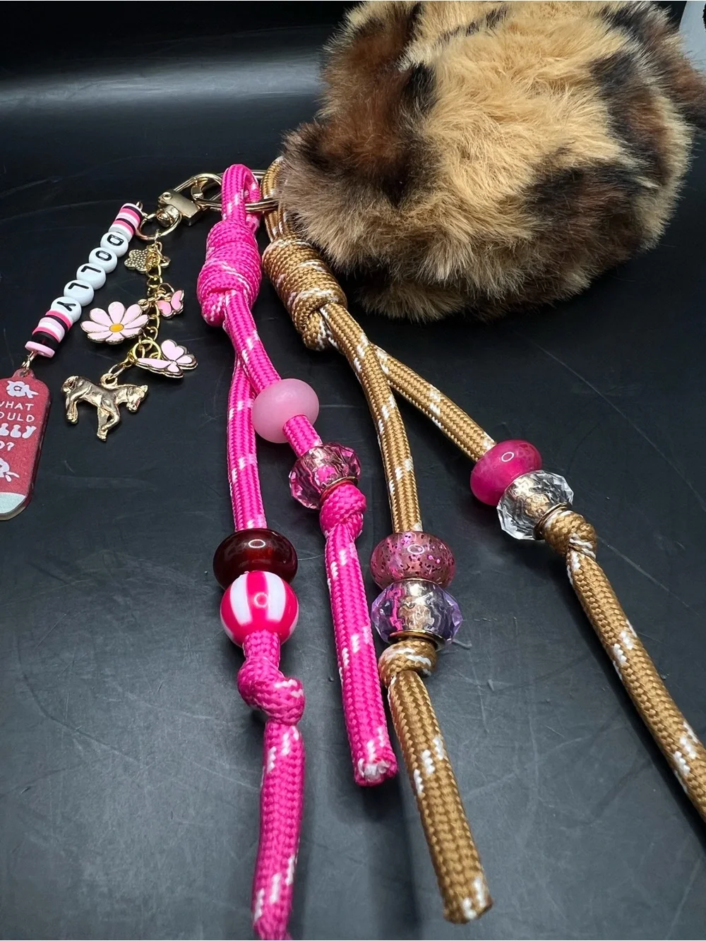 Dolly Inspired Gold Cheetah Heart Fur Pom Bag Charm Keychain 🐎💗